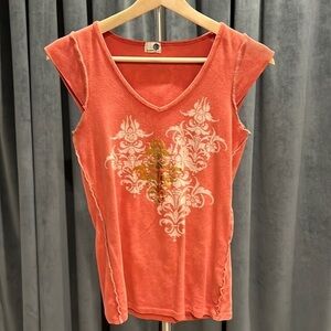 Vintage Y2K cap sleeve tee with metallic print